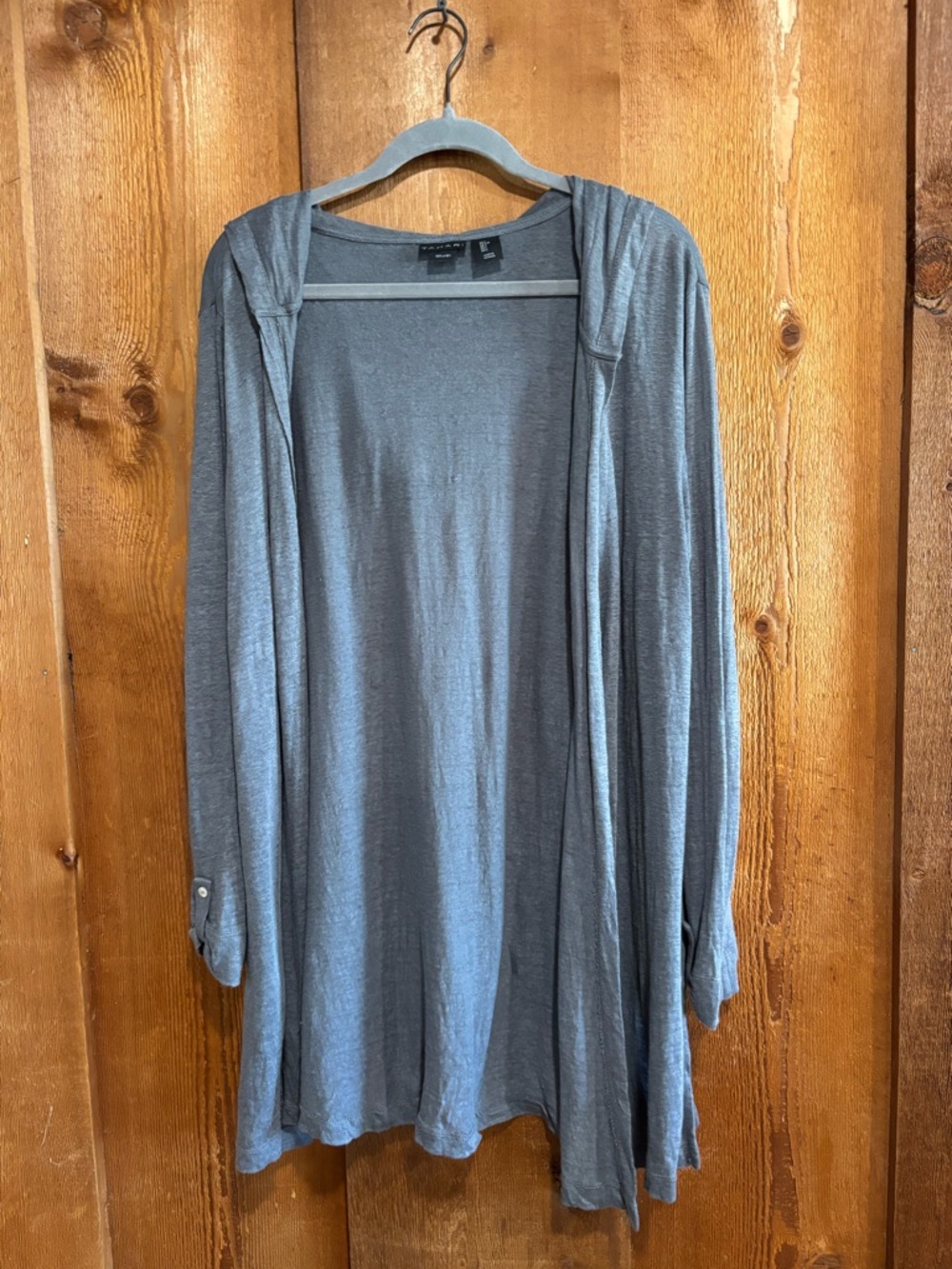 Tahari 100% Linen Knit Hooded Duster Cardigan Gray Open Front Longline Large L